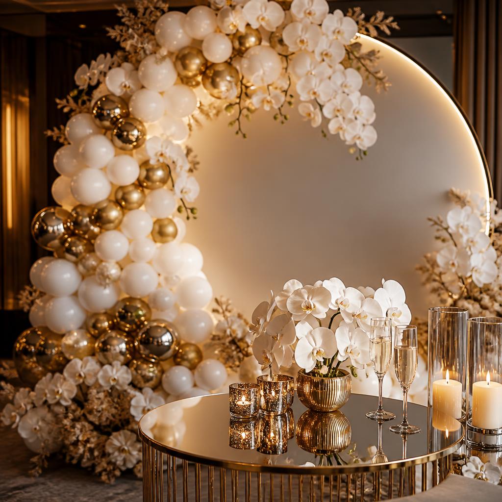 Instalación circular de globos y orquídeas con velas
