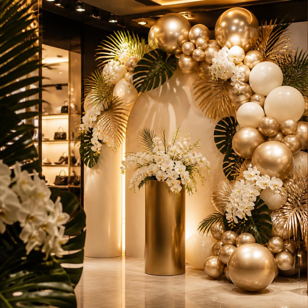 Instalación de globos dorados y flores blancas para una inauguración