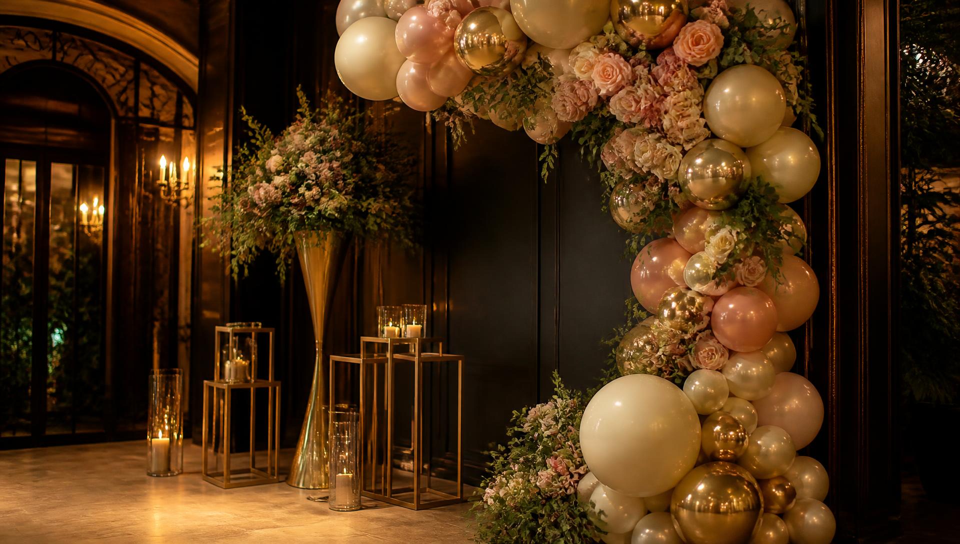 Arco de globos y flores en tonos champán para un evento elegante en Madrid